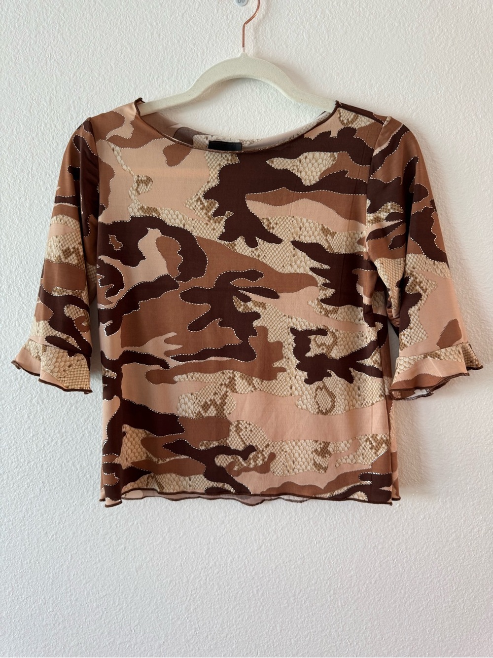 Vintage Y2K Camo Snakeskin Slinky 3/4 Sleeve Top Whimsigoth